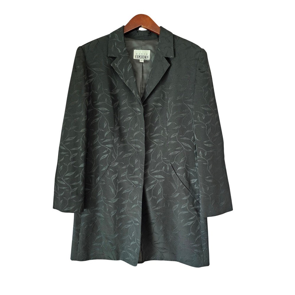 David Bijoux Womens Black Jacquard Leaf Longline Blazer Coat Size 12 Made in USA